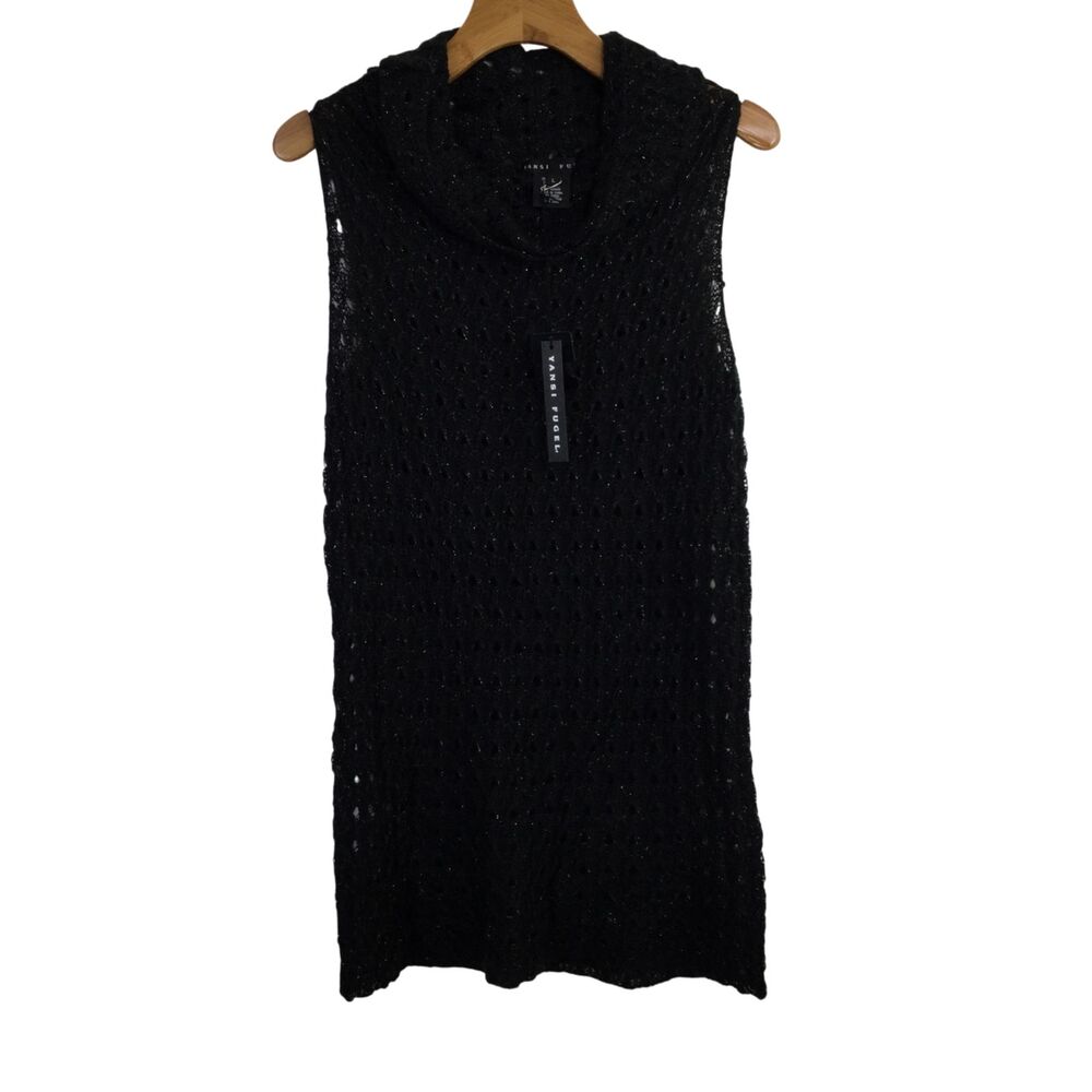 Yansi Fugel Women Metallized Knit Turtleneck Sweater Dress Black Size Large NWT